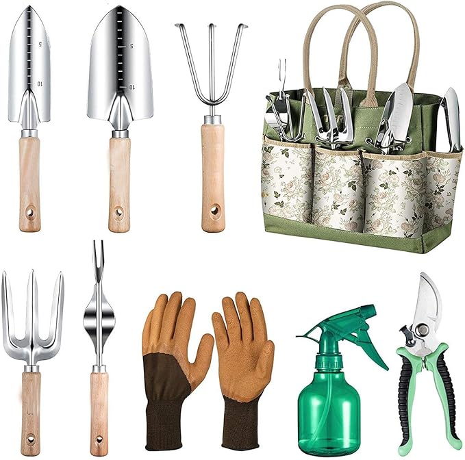 Gardening Tools 9 Piece Heavy Duty Rust-Proof Gardening Tool Set with Storage Bag and Anti-Slip Rubber Gloves, Ideal Gardening Gifts for Mothers and Women