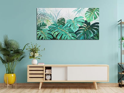 Enartly Palm Green Leaf Canvas Wall Art for Living Room, Monstera Tropical Leaf Painting Jungle Plant Picture Nature Artwork Print Framed Bedroom Hallway Office Home Decor, Large 48"x24"