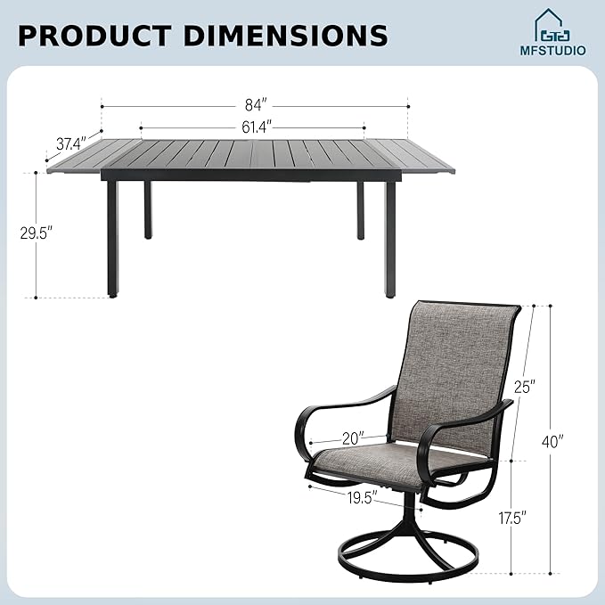 MFSTUDIO Patio Dining Set for 8, Outdoor Dining Set with Expandable Table and Swivel Chairs, 9 Piece Patio Table and Chairs Set for Deck/Backyard/Poolside/Garden