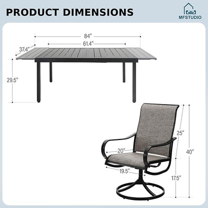 MFSTUDIO Patio Dining Set for 8, Outdoor Dining Set with Expandable Table and Swivel Chairs, 9 Piece Patio Table and Chairs Set for Deck/Backyard/Poolside/Garden