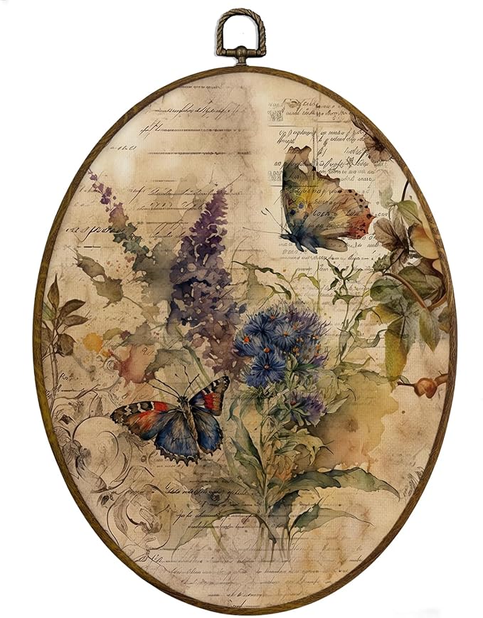 MAQIKA Vintage Butterfly Botanical Oval Framed Wall Art Decor, Butterfly Wall Decor, Wildflower Oval Wall Hanging Decor, Farmhouse Butterflies Canvas Prints Wall Art for Office Bedroom, 8.7x11.3 Inch