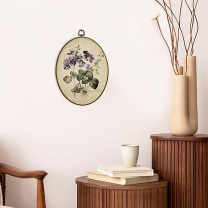 MAQIKA Vintage Purple Flower Oval Framed Wall Art Decor, Floral Wall Decor, Wildflower oval Wall Oval Decor, Retro Botanical Canvas Prints Wall Art for Bedroom Living Room, 8.7x11.3 Inch