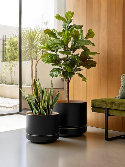 LE TAUCI 12 Inch Pot for Plants with Saucer, Ceramic Indoor Planter Pot with Drainage Hole, Mesh Pad & Plug Included, Matte Glazed Outside, Modern for Home and Office, Obsidian Black & Ochre