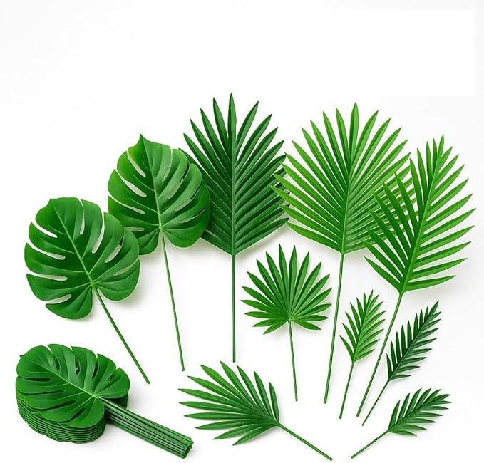 144 Pack Artificial Palm Leaves Bundle – 6 Types of Large Tropical Greenery for Hawaiian, Luau, Jungle, Tiki, Safari, or Birthday Decorations