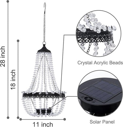 Hanging Solar Chandelier Outdoor, 30 Blue Lights Acrylic Clear Beaded Chandelier with S Hooks Modern Lantern for Garden Yard Patio Gazebo Decorations, 28”H