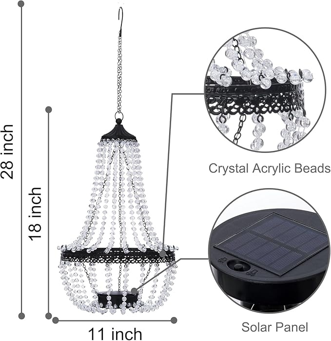 Hanging Solar Lantern Outdoor, 28” Modern Clear Crystal Acrylic Chandelier with 30 Warm White Lights S Hook for Garden, Yard, Patio, Gazebo Decorations