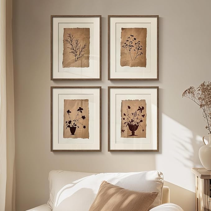 Framed Vintage Botanical Wall Art for Wall Decor, 4 Piece Brown Floral Farmhouse Bathroom Picture Prints, Rustic Farmhouse Botanical Artwork for Living Room Bedroom Bathroom Fireplace Walls, 11x14 In
