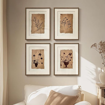 Framed Vintage Botanical Wall Art for Wall Decor, 4 Piece Brown Floral Farmhouse Bathroom Picture Prints, Rustic Farmhouse Botanical Artwork for Living Room Bedroom Bathroom Fireplace Walls, 11x14 In