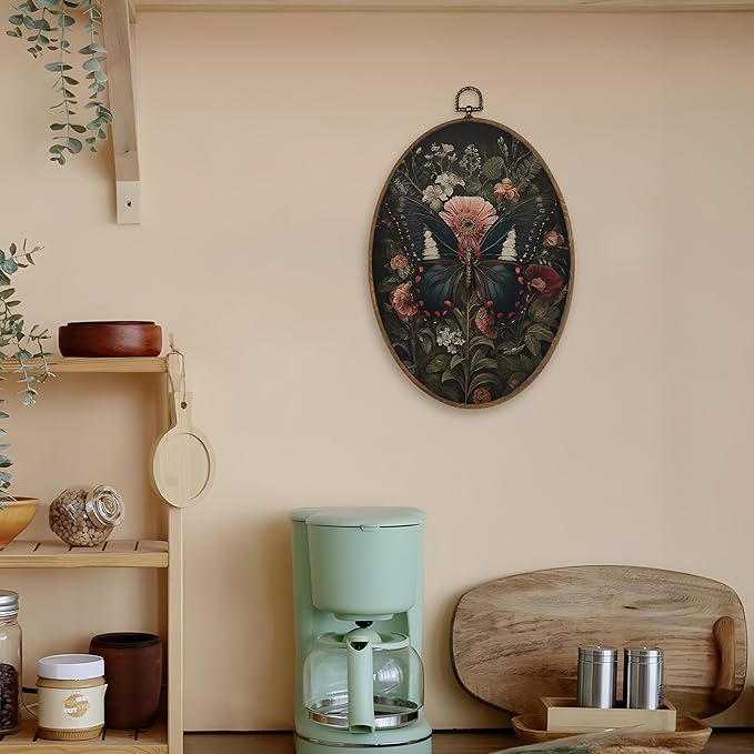 LKETW Vintage Floral Butterfly Bee Oval Wall Art Decor, Dark Cottagecore Oval Canvas Hanging Decor, Rustic Botanical Wildflower Wall Decorations for Home Living Room Bedroom, 8.6x11.4 Inch Set of 2