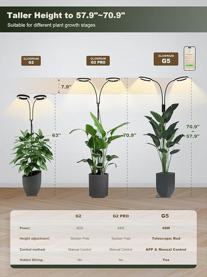 GLOWRIUM Smart Grow Lights for Indoor Plants, 48W Full Spectrum Plant Lights with Bluetooth App, Adjustable Height 47-70.9", Auto Timer, Indoor Plant Lamp for Large Tall Plants（Black 48W）