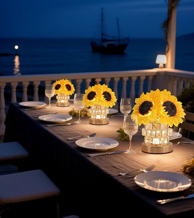 Sunflowers Flower Lamp,Rechargeable Cordless Touch Lamp,3-Colour Infinitely Dimming Small Night Light,Crystal Table Lamp,Christmas/Mother's Day/Birthday Gifts for Women,Home Decor.