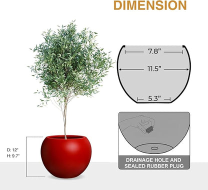 9.7" H x 12" D Globo Fiberstone Round Planter with Drainage Hole, Smooth Finishes, Weather Resistant for Indoor and Outdoor Use, Included 2 Extra Coco Mats (Red, 7.8" Pot Opening)
