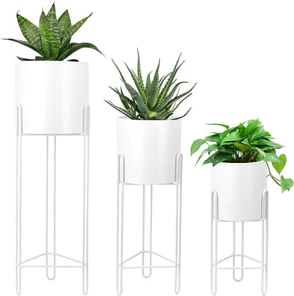 TRIROCKS Set of 3 Planters with Stand Indoor Otdoor Tall Planters for Indoor Plants 29 &22 &12" Morden Planters Flower Pots for Living Room Corner Kitchen Office Garden Balcony Patio Decor(White)