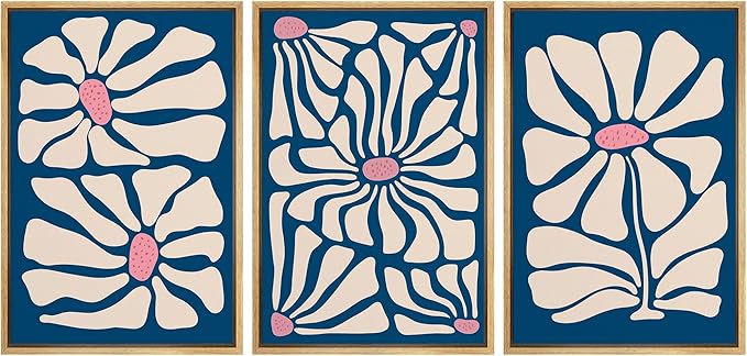 Ashbrook Framed Canvas Print Wall Art Set Mid-Century Modern Navy Blue Flowers Nature Wilderness Illustrations Modern Art Floral Botanical Minimal Calm/Relax/Cozy for Bedroom - 24"x36"x3 Natural