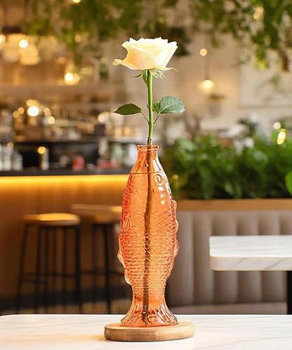Nacome Fish Vase Propagation Stations: Glass Plant Terrarium with Wooden Stand for Home Office Desk Decor, Unique Gifts for Plant Lovers Women Mom (Orange)