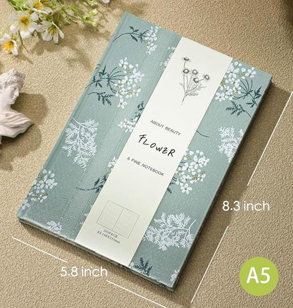 Floral Hardcover Notebook, Flower Journal for women, A5, 200 Pages, 6x8 Medium Lined Notebook, Floret Printed Fabric Cloth, Similar Embroidered Linen, Garden Journal, Green.