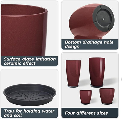 ZMTECH 24 21 12 10 Inch Tall Plant Pots for Indoor & Outdoor Use Set of 4, Large Plastic Planters with Drainage Hole and Saucer for Outside,Front Porch, Patio, Garden, Wine Red