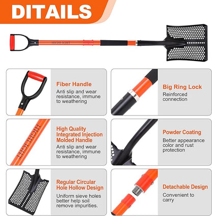 Detachable Sifting Shovel - 45 Inch Sand Sifter with Ergonomic D-Grip Handle for Beach, Garden & Farm Cleaning - Fiberglass Handle & Powder Coated Steel