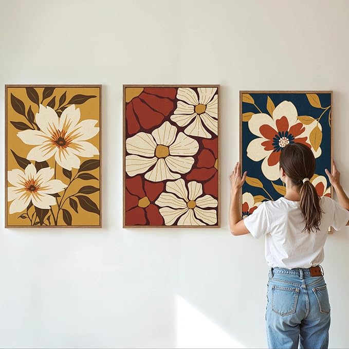 Rantodecor Vintage Floral Framed Canvas Wall Art Set, Mid Century Modern Flowers Wall Decor, Minimalist Retro Botanical Art Paintings, Colorful Neutral Plant for Bedroom Living Room Office 16"x24"x3