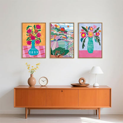 HOURIA Colorful Flower Field Landscape Framed Canvas Wall Art Set,Abstract Pink Floral Vase Wall Decor,Natural Botanical Tree Artwork,Modern Sunrise Art Prints for Living Room,Farmhouse-16 x24 x3