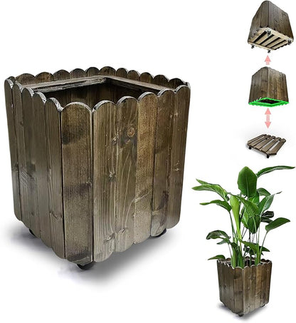Outdoor Tall Large Square Wood Planter Box Caddy with 360° Lockable Wheels, Indoor Garden Flower Plant Pot Rolling Stand (Grey)