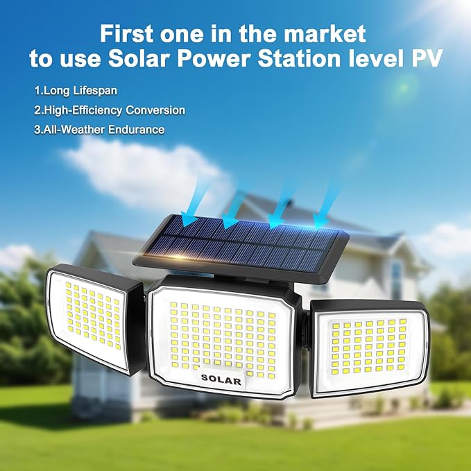 Solar Security Light Outdoor Super Bright LED w/Remote Control, Radar Motion Sensor Flood Light, 3 Heads 270° Wide Angle, IP65 Waterproof, 3 Modes (2 Packs)
