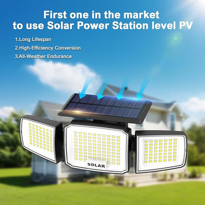 Solar Security Light Outdoor Super Bright LED w/Remote Control, Radar Motion Sensor Flood Light, 3 Heads 270° Wide Angle, IP65 Waterproof, 3 Modes (2 Packs)