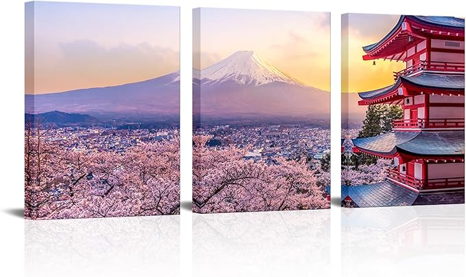 AoArtWZ Mount Fuji Canvas Wall Art Kyoto Cherry Blossom Japanese Landscape Pictures Print Artwork for Home Office Living Room Decor Framed 12" x 16" x 3Pcs