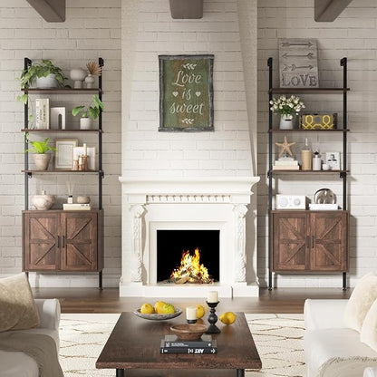 Ladder Bookshelf with Cabinet, 6 Tier Industrial Wall Mount Ladder Bookcase with Farmhouse Cabinet, Tall Narrow Open Ladder Shelf with Metal Frame for Living Room, Bathroom, Home Office, Rustic Brown