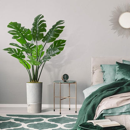 Artificial Tree in Gray Tan Watercolor Abstract Planter, Fake Monstera Silk Tree for Indoor and Outdoor Home Decoration - 65" Overall Tall (Plant Pot Plus Tree)