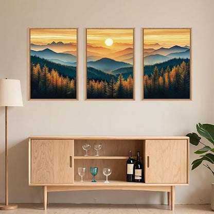 Large Boho Sunrise Mountain Framed Canvas Wall Art,Abstract Nature Forest Wall Decor,Foggy Pine Tree Painting,Retro Landscape Artwork for Living Room,Bedroom,Dining Room,Office -16"x24"x3