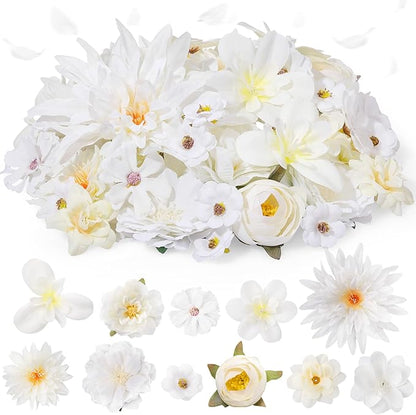 80 Pcs Assorted Fake Flower Heads Mini Artificial Flower Heads Bulk Silk Faux Daisy for Crafts Fake Peony Rose for Wedding Party Wreath Home Decoration(White)
