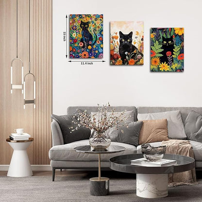 3 PCs Garden Cat Wall Decor Canvas Wall Art Framed Art Cat Posters, Cat Decor for Cat Lovers, Cat Lover Gifts, Aesthetic Artwork for Walls Living Room Bathroom Kitchen Bedroom Home Office Decor