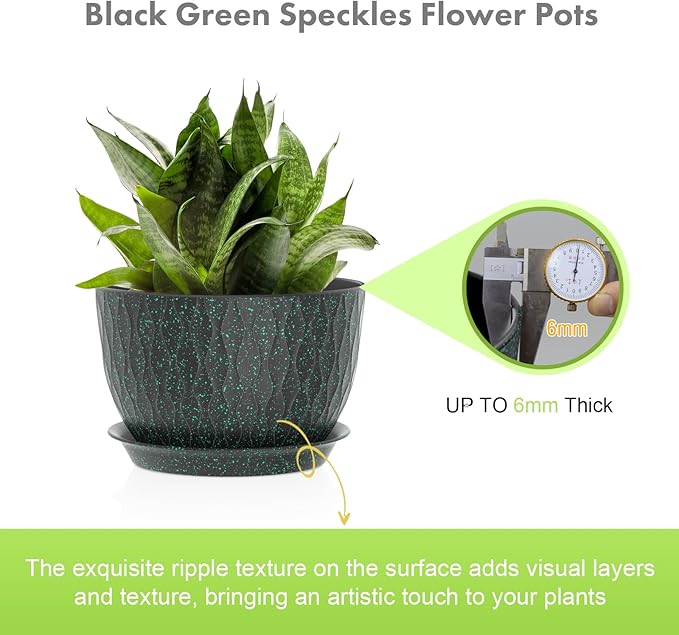 12/10/9 inch Large Plant Pots, 3 Pack Wide Flower Pots for Outdoor Indoor Plants, Water Ripples Plastic Planters with Drainage Holes and Saucers for Garden Hourse, Black with Green Speckles