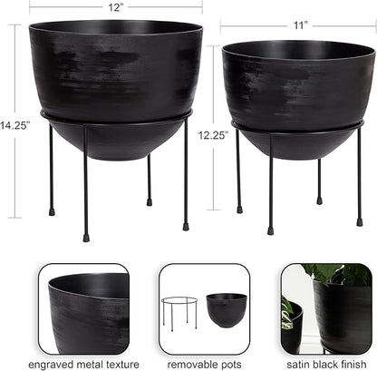 Kate and Laurel Navara Modern Two-Piece Round Metal Planter Set; 2 Piece Set; Black; Planters for Indoor Plants with Engraved Texture and Size for Large Plants