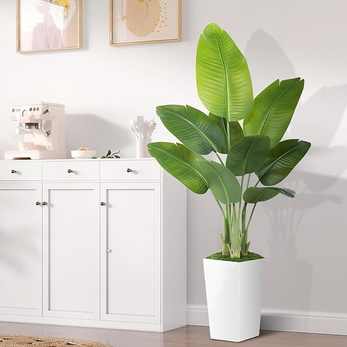 Lifelike Bird of Paradise Artificial Plant 5ft Faux Banana Leaf Tree with White Tall Planter for Home Decor - Perfect Indoor Silk Floor Plant for Living Room, Office, and Bedroom Ambiance Enhancement