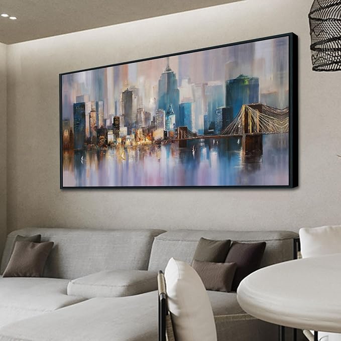 Anolyfi Black Framed Large CityScapes Canvas Wall Art for Men Room, New York City Wall Art Decor Painting Artwork for Living Room Hallway Bedroom Dining Room Office Home Decor, 48"x24"
