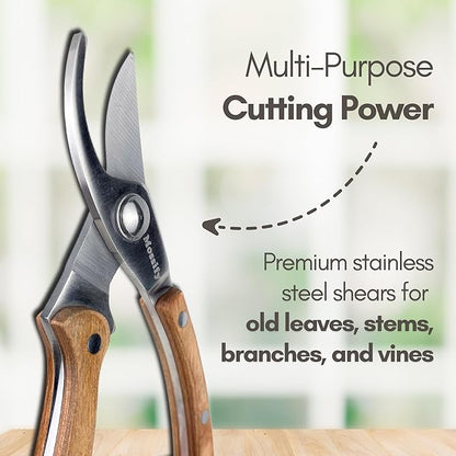 Mossify Garden Shears 8” – Premium Stainless Steel Pruning Shears for Gardening with Wooden Handle – Hand Pruners, Plant Clippers & Garden Scissors – Sharp Garden Tool for Left & Right Hand Use