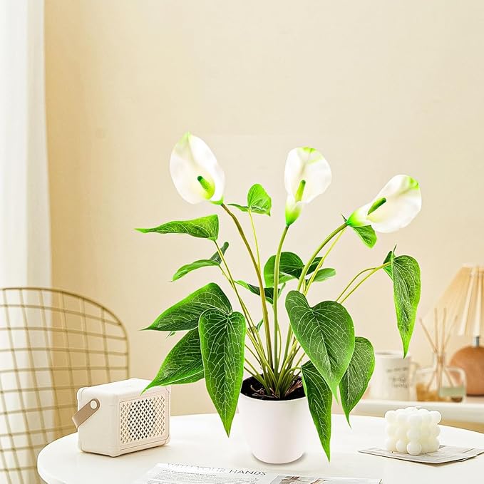 Folmywy Artificial Flower Plants Calla Lily 16 Inch Fake Peace Lily Potted Plant White Silk Plant Faux Bonsai Indoor Realistic Greenery Home Table Centerpieces Office Outdoor Garden Decor