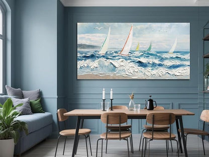 Enartly Wave 3D Textured Ocean Wall Art for Living Room Blue Seascape Sailboat Canvas Coastal Painting Artwork for Christmas Gift Bedroom Bathroom Home Office Wall Decor, Large 48"x24"