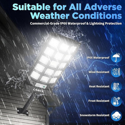LANGY Solar Street Lights Outdoor 4 Pack, 6500K Solar Lights Outdoor Dusk to Dawn with Motion Sensor & Remote Control, IP66 Waterproof LED Flood Security Lights for Outside Garden Yard Parking Lot