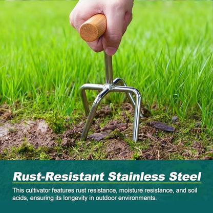 Berry&Bird Twist Tiller - 4 Stainless Steel Tines Hand Tiller for Aerating, Loosening Soil and Removing Weed, Garden Cultivator Tiller with Wooden Handle, Perfect for Raised Beds, Borders & Containers