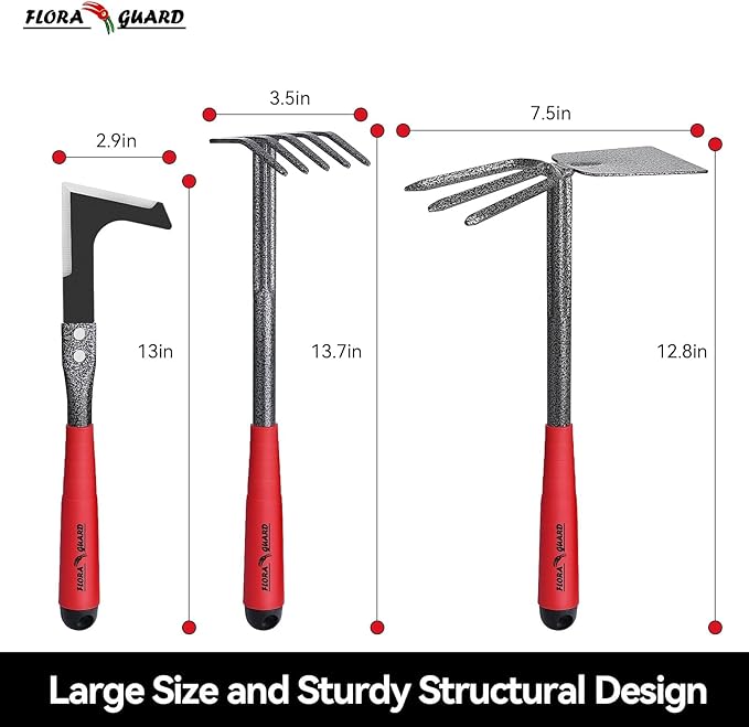 FLORA GUARD Garden Tool Set, 6-Piece Heavy Duty Gardening Hand Tools with Soft Rubber Handle, Includes Trowel, Rake, 2-in-1 Hoe & Crack Weeder, Durable Yard Tools, Essentials Garden Gift for Men Women