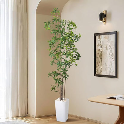 Artificial Brave Ficus Tree 7FT-Faux Tree with White Tall Planter-Fake Potted Tree with Silk Leaves-Tall Artificial Plants for Home Office Living Room Hallway Decor Indoor