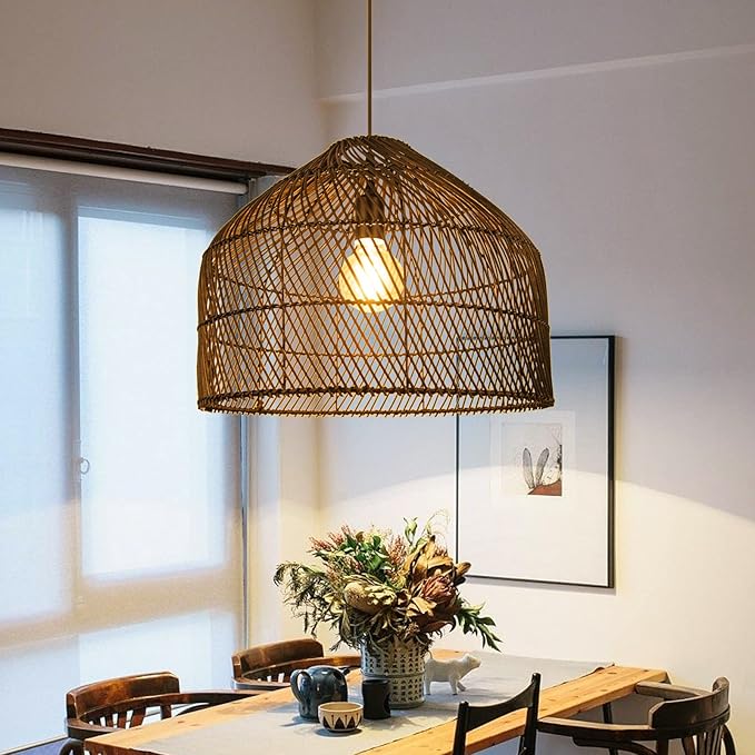 Arturesthome Black Rattan Pendant Lights Lampshade, Wicker Boho Chandelier for Kitchen Island Dining Room Entryway Foyer W 16.5"* H13