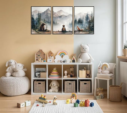 3Pcs Neutral Woodland Wild Animal Wall Art Cute Bear Fox Nursery Wall Decor Pictures Adventure Boy Posters Prints Vintage Forest Animal Canvas Paintings for Baby Room Playroom 12x16