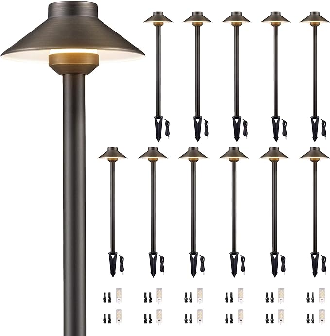 Gardenreet Low Voltage Landscape Path Light Solid Brass, 3 Color Temp Selectable Pathway Lights, LED Light Waterproof, 12V Wired Bronze for Walkway Garden with 3W 270LM G4 Bulb (12 Pack)