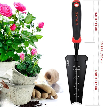 Gardening Shovel Tool, LRLXE Heavy Duty Stainless Steel Garden Transplant Shovel, Root Cutter, All-Purpose Small Hand Shovel with Serrated Edge for Digging and Transplanting(Red)
