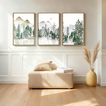 ANHUIB Large Framed Mountain Wall Art Watercolor Forest Landscape Painting Green Nature Prints Art Rustic Wall Decor Set of 3 for Living Room Bedroom Office 16x24 Inch