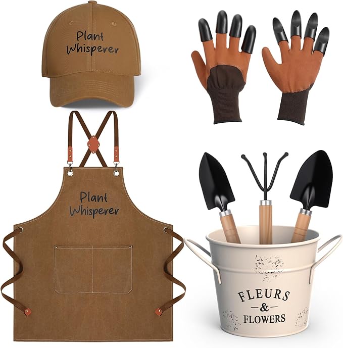 Tarpop Garden Tool Set Christmas Plant Whisperer Gardening Gifts for Women, 7 Pcs Vegetable Planting Tool Kit Cap Canvas Apron Gloves Soil Scoop Transplant Trowel Cultivator Flower Tub(Brown)